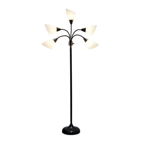 Simple Designs 5 Light Adjustable Gooseneck Black Floor Lamp with White Shades