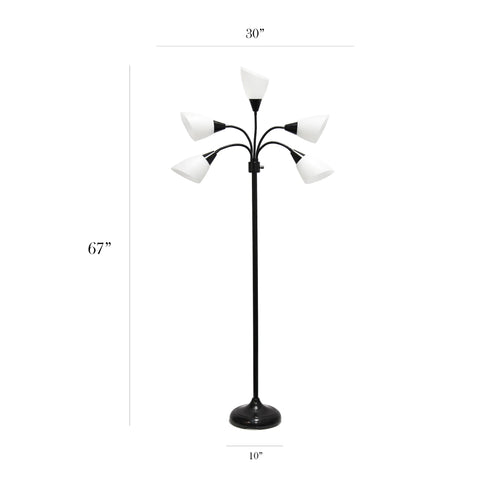 Simple Designs 5 Light Adjustable Gooseneck Black Floor Lamp with White Shades