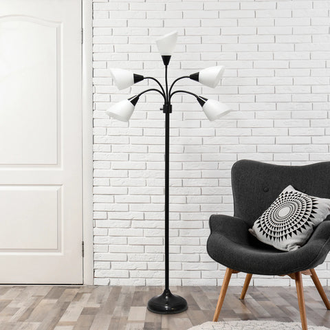 Simple Designs 5 Light Adjustable Gooseneck Black Floor Lamp with White Shades