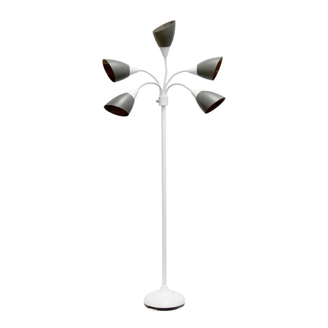 Simple Designs 5 Light Adjustable Gooseneck Black Floor Lamp with White Shades
