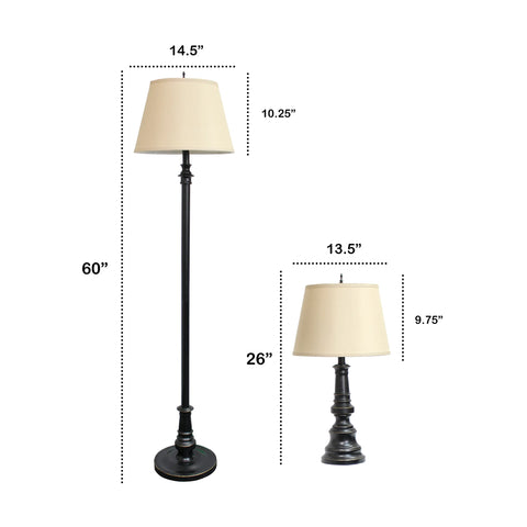 Lalia Home Homely Oxford Classic 3 Piece Metal Lamp Set (2 Table Lamps, 1 Floor Lamp)