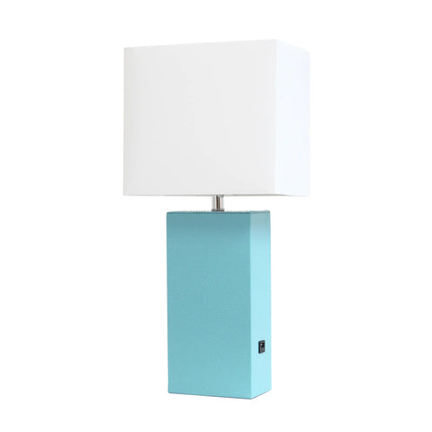 Lalia Home Lexington Leather Base Modern Home Decor Bedside Table Lamp with USB Charging Port