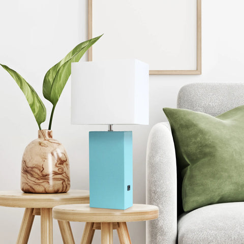 Lalia Home Lexington Leather Base Modern Home Decor Bedside Table Lamp with USB Charging Port