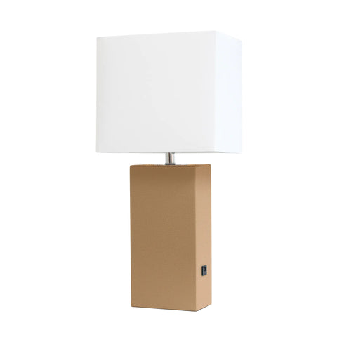 Lalia Home Lexington Leather Base Modern Home Decor Bedside Table Lamp with USB Charging Port