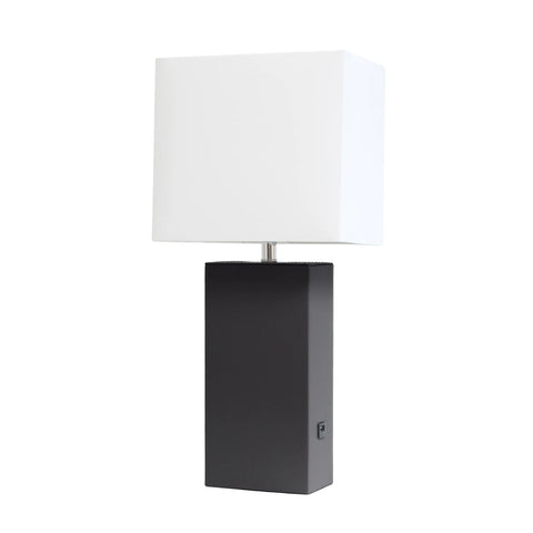 Lalia Home Lexington Leather Base Modern Home Decor Bedside Table Lamp with USB Charging Port