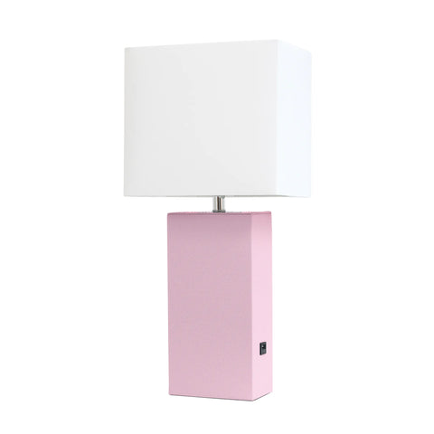 Lalia Home Lexington Leather Base Modern Home Decor Bedside Table Lamp with USB Charging Port