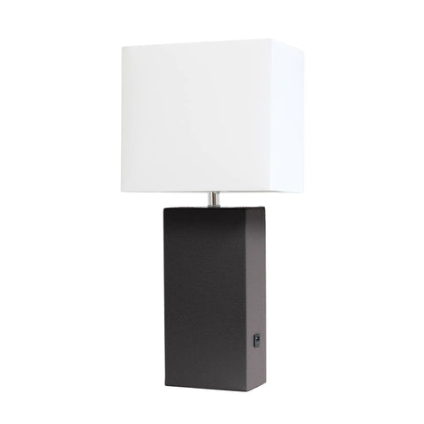 Lalia Home Lexington Leather Base Modern Home Decor Bedside Table Lamp with USB Charging Port
