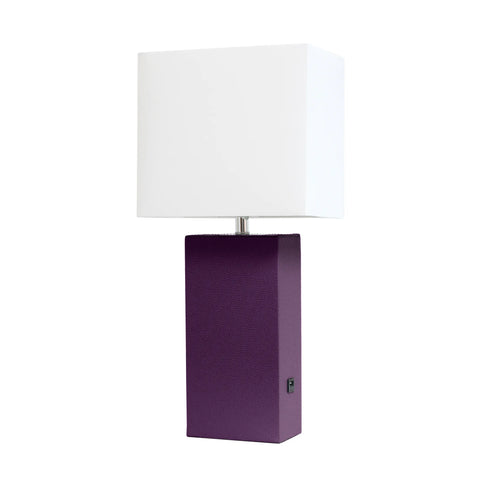 Lalia Home Lexington Leather Base Modern Home Decor Bedside Table Lamp with USB Charging Port