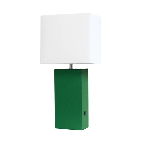 Lalia Home Lexington Leather Base Modern Home Decor Bedside Table Lamp with USB Charging Port