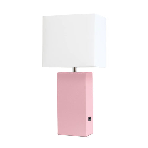 Lalia Home Lexington Leather Base Modern Home Decor Bedside Table Lamp with USB Charging Port