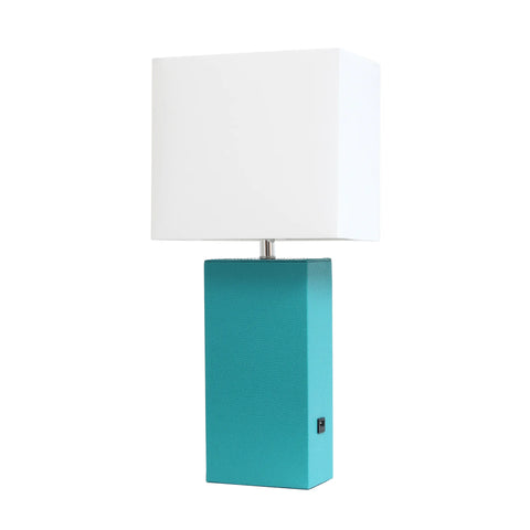 Lalia Home Lexington Leather Base Modern Home Decor Bedside Table Lamp with USB Charging Port