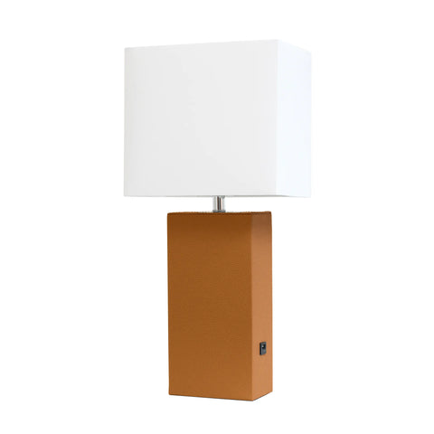 Lalia Home Lexington Leather Base Modern Home Decor Bedside Table Lamp with USB Charging Port