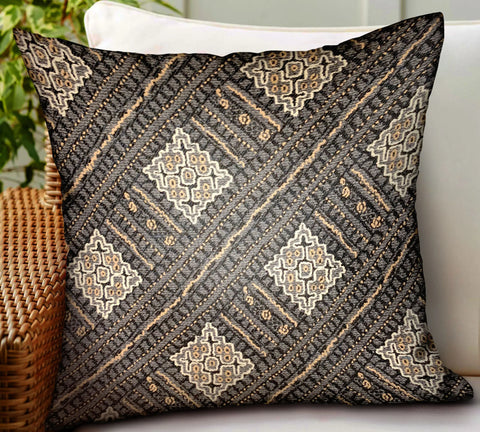 Plutus Pewter Lattice Charcoal Geometric Luxury Outdoor/Indoor Throw Pillow