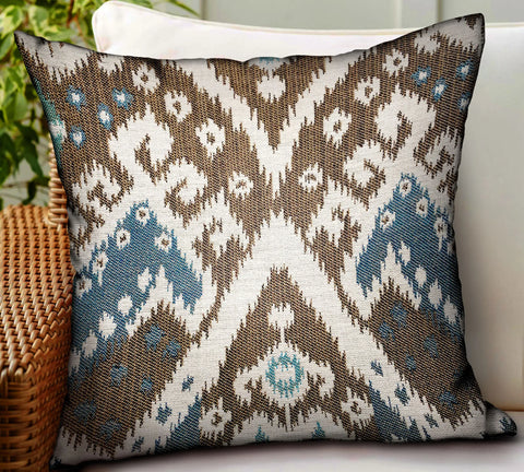 Plutus Shoshone Valley Blue Brown Ikat Luxury Outdoor/Indoor Throw Pillow