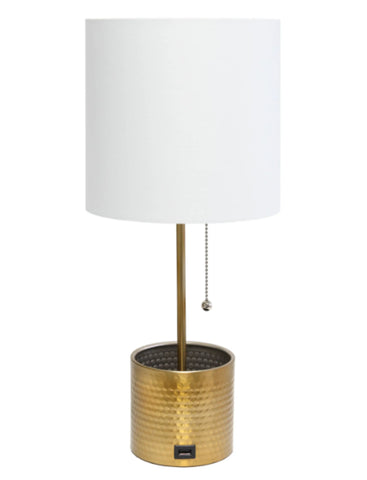 Simple Designs Hammered Metal Organizer Table Lamp with USB charging port and Fabric Shade