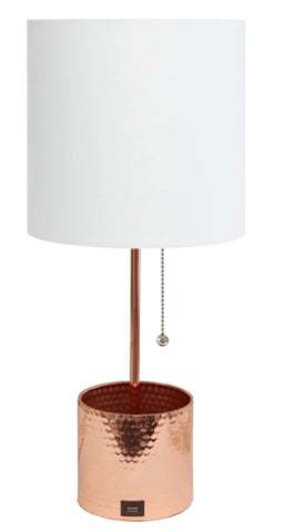 Simple Designs Hammered Metal Organizer Table Lamp with USB charging port and Fabric Shade