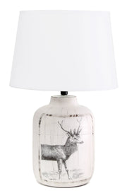 Simple Designs Rustic Deer Buck Nature Printed Ceramic Farmhouse Accent Table Lamp with Fabric Shade