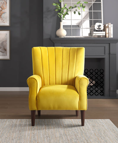 Modern Aesthetic Accent Chair Yellow Velvet Upholstery Channel Tufted Back Solid Wood Furniture 1pc Stylish Home Traditional Contoured Arms