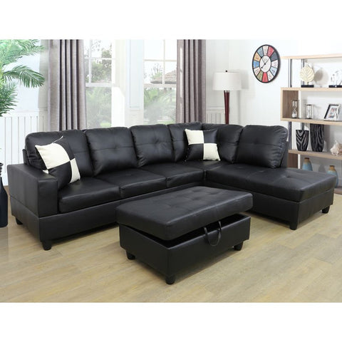 Black Faux Leather 3-Piece Couch Living Room Sofa Set B