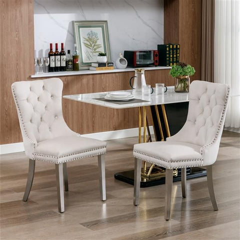 Collection Modern, High-end Tufted Solid Wood Contemporary Velvet Upholstered Dining Chair with Chrome Stainless Steel Plating Legs,Nailhead Trim,Set of 2, Beige and Chrome, SW1701BG