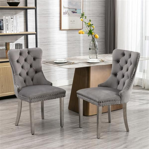 Furniture, Collection Modern, High-end Tufted Solid Wood Contemporary Velvet Upholstered Dining Chair with Chrome Stainless Steel Plating Legs,Nailhead Trim,Set of 2,Gray and Chrome, SW1701GY