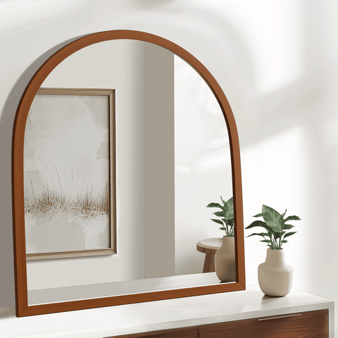 417385611 Arched Walnut Framed Bathroom Mirror